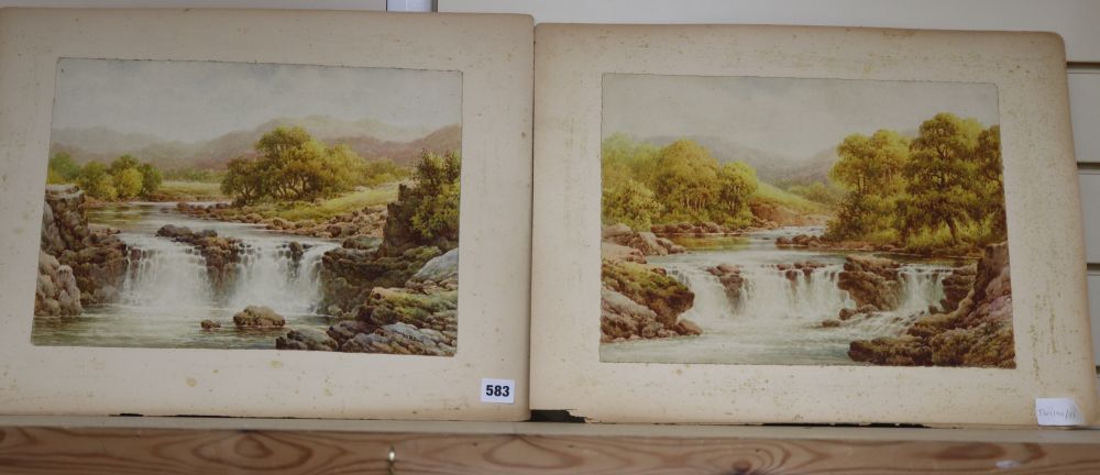 Charles A Bool (19th/20th century), Waterfalls in Snowdonia, watercolour on board, a pair, 28.5cm x 38.5cm, unframed
